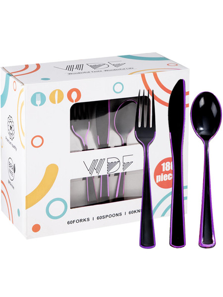 WDF 180 Pieces Black and Purple Halloween Plastic Silverware - Black Flatware Set Include 60 Forks, 60 Knives and 60 Spoons Heavy Duty Plastic Cutlery Purple Utensils for Halloween Party/Birthday