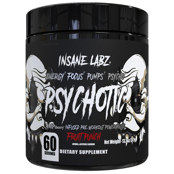 Insane Labz Psychotic Black Edition Mid Stimulant Pre Workout Powder, Energy Focus Pumps, Loaded with Creatine Beta Alanine Taurine Fueled by AMPiberry, 60 Servings (60, Fruit Punch)