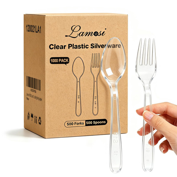 Lamosi 1000 Count Extra Heavy Duty Clear Plastic Forks and Spoons
