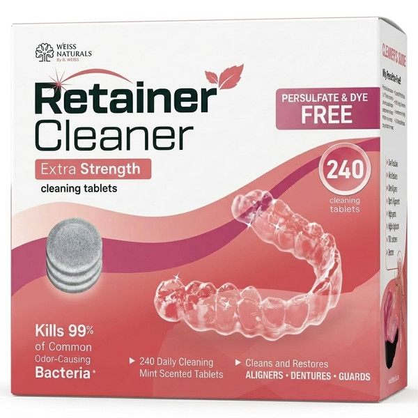 Weiss Naturals Retainer Cleaner Tablets, Remove Stains, Odors & Plaque, PERSULFATE & DYE-FREE Night Guard & Denture Cleaner 8-Month Supply, 240 Mint Scented Tablets
