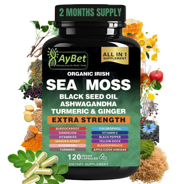 Organic Irish Sea Moss Capsules 120 Count –16 in 1 Sea Moss Supplement with Black Seed Oil, Ashwagandha, Turmeric & Ginger, Bladderwrack & Burdock Root, Vitamin D3 –Organic, Vegan, Halal,
