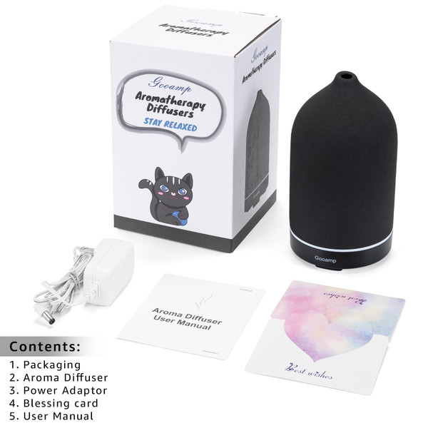 Gooamp 200ML Ceramic Essential Oil Diffuser - Ultrasonic Aromatherapy & Humidifier with 7-Color LED Lights, Auto Shut-Off, Black, 1H/3H/6H Timer | Scent for Home, Office, Yoga