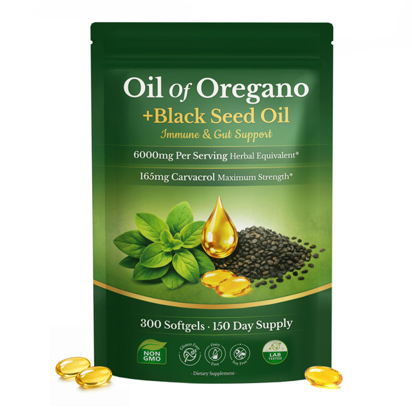Oil of Oregano with Black Seed Oil Softgels , low odor, 300 Count (TF25)