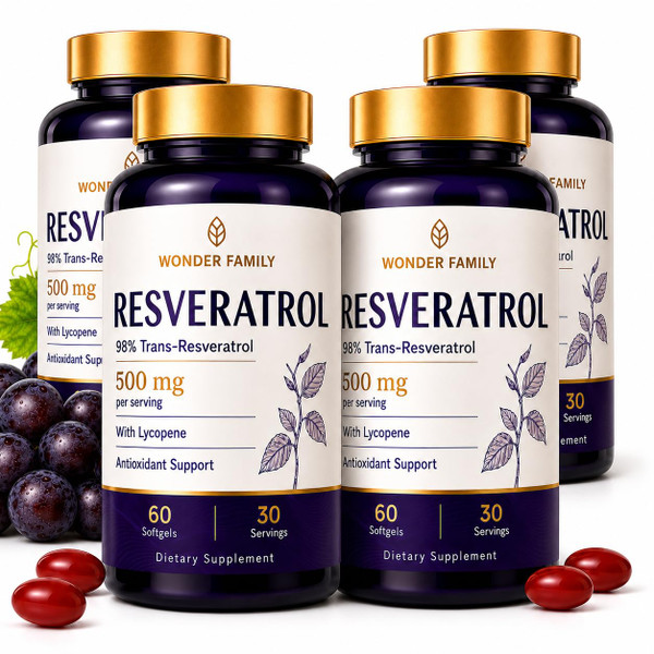 WONDER FAMILY Resveratrol Supplement 500mg, 98% Trans-Resveratrol from Japanese Knotweed, Vegan Antioxidant Capsules for Daily Wellness, Non-GMO, Gluten-Free - 240 Softgels