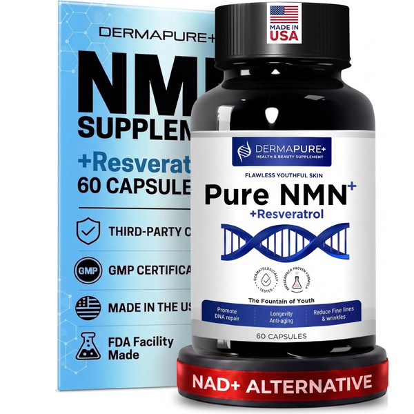 HVSun DermaPure+ NMN+ Supplement 4-in-1– Reduces Fine Lines & Wrinkles, Supports Cellular Energy & NAD+ Levels, Longevity & Anti-Aging | 3rd-Party Tested, GMP-Certified & FDA-Facility Made (1 Pack)