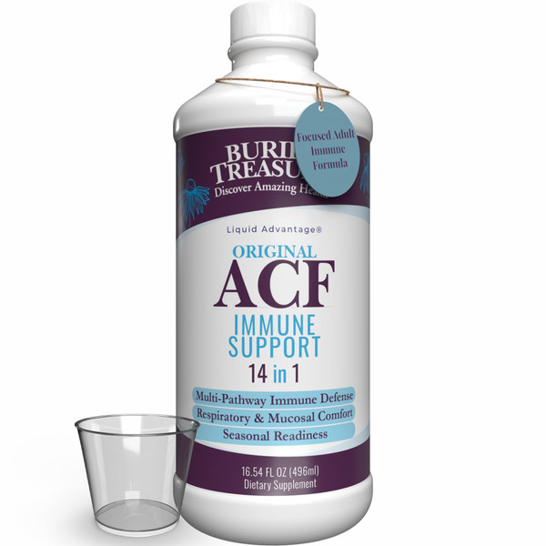 Buried Treasure ACF Immune Support - 16 oz, 16 Servings, Vitamin C, Elderberry, Zinc, Liquid Immune Booster with Vitamins and Minerals w/ Dose Cup