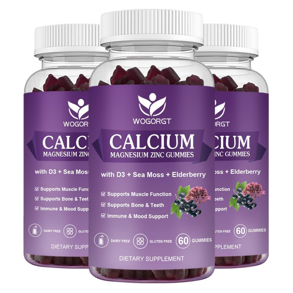 Calcium Magnesium Zinc Gummies with Vitamin D3, Bone Support, 60Ct (3Pack)