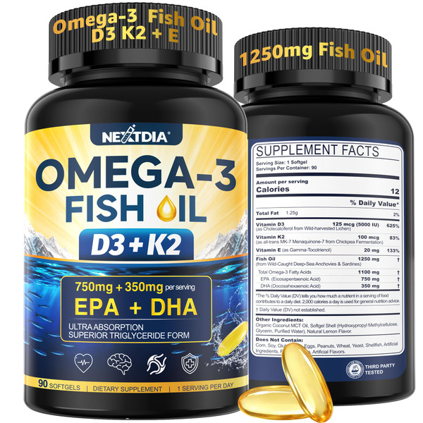 Omega-3 Fish Oil Supplement 1250mg, Vitamin D3 5000IU, K2 E, 3-Month Supply