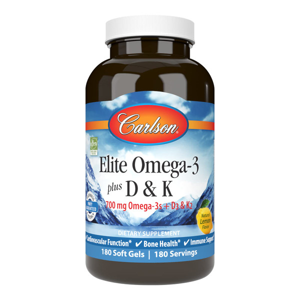 Carlson Elite Omega-3 Plus D & K, 700 mg, Omega-3s, Lemon, 180 Softgels