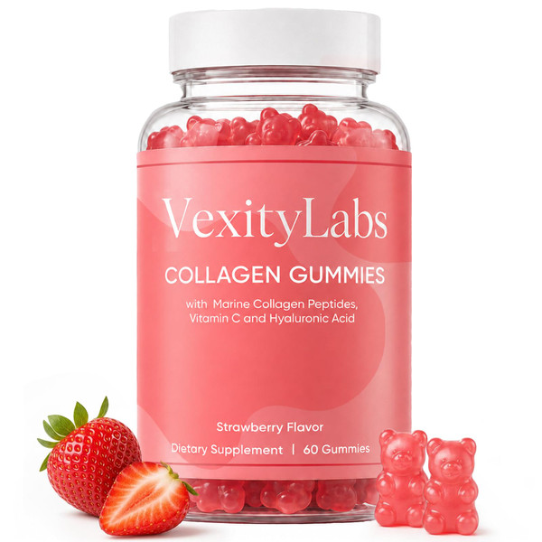 Vexity Labs Collagen Gummies, Collagen Gummies for Women & Men, with Marine Collagen Peptides, Vitamin C and Hyaluronic Acid, for Daily Skin, and Daily Wellness, Strawberry Flavor, 60 Gummies