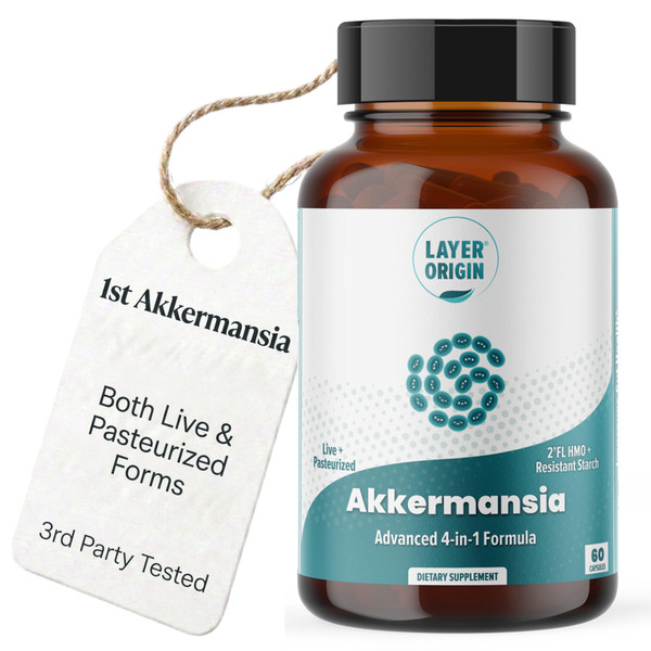 Layer Origin Akkermansia muciniphila Probiotic, Live + Pasteurized (2-in-1), with PureHMO Prebiotic, Validated Strain, 60 Capsules