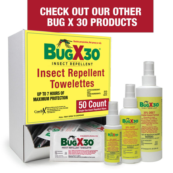 CoreTex Bug X 30 Mosquito, Tick, & Insect Repellent Wipes with 30% DEET - Pack of 50 Single-Use Bug Repellent Wipes for Up to 7 Hours of Reliable Protection Against 12 Types of Biting Insects