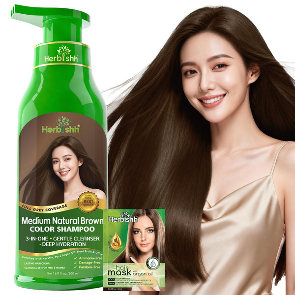 Herbishh Medium Natural Brown Hair Dye Shampoo for Gray Hair Coverage 500ml