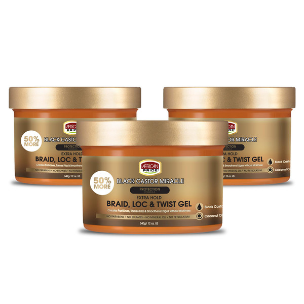 African Pride Black Castor Miracle Extra Hold Braid, Loc, Twist Gel (3 Pack) - Braiding Hair Gel, Edge Control & Tames Frizz, No Flake | Natural Ingredients, Black Castor & Coconut Oil | 12oz