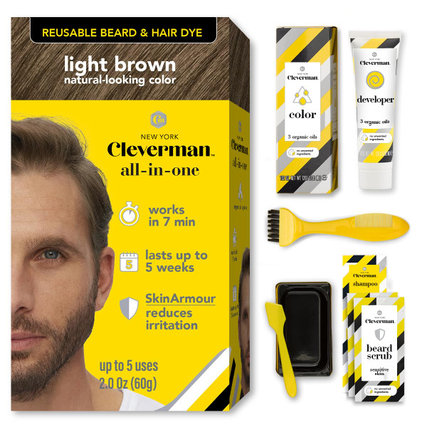 Reusable Hair & Beard Dye for Men – Light Brown 6.12 | Up to 5 Uses, 7 Minutes | Natural Gray Coverage, No-Drip Cream with SkinArmour® – Cleverman