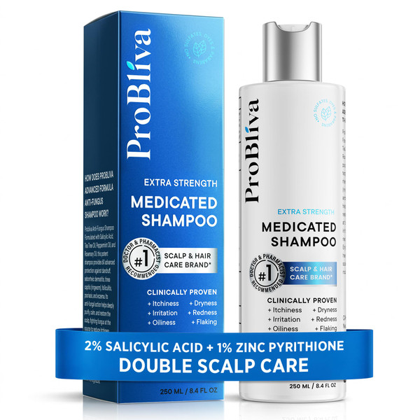 ProBliva Anti Dandruff shampoo: Antifungal Scalp Treatment for Dandruff, Seborrheic Dermatitis & Psoriasis with Zinc Pyrithione 1% & Salicylic Acid 2% - for Itching, Flaking & Scalp Buildup – 8.4fl.oz
