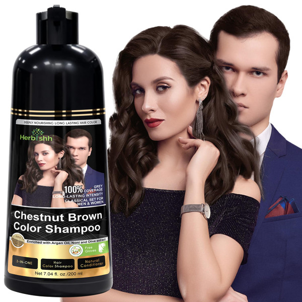 Herbishh Chestnut Brown Hair Dye Shampoo for Gray Hair Coverage 200 ml