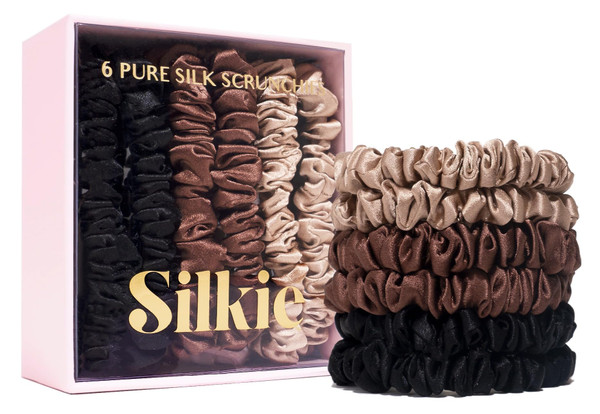 SILKIE x6 Set 100% Pure Mulberry Silk Black Brown Chocolate Pink Nude Neutral Skinny Scrunchies Travel Pouch Everyday Hair Ties Elastics Hair Care Ponytail Holder No Damage (Truffle)