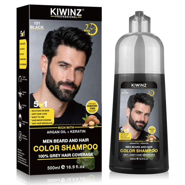 Kiwinz Professional Black Hair Color Shampoo for Men – 5 in 1 Hair Dye Shampoo for Grey Hair - Instant Hair Dye with 100% Color Accuracy with Natural Ingredients - Ammonia Free - 500ml (Black)