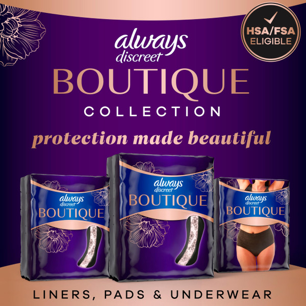 Always Discreet Boutique Incontinence Pads, for Bladder Leaks, Moderate Absorbency, Regular Length, 144 Count (3 Packs of 48)
