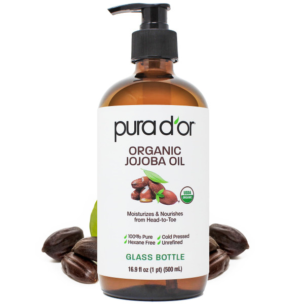 PURA D'OR ORGANIC Jojoba Oil (GLASS BOTTLE) Pure Cold-Pressed, 16.9oz