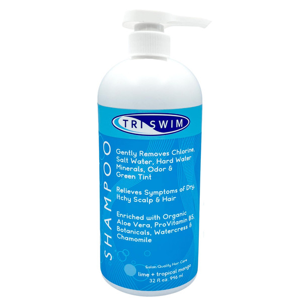 TRISWIM Chlorine Removal Shampoo 32oz | Removes Chlorine, Bromine, Hard Water Minerals & Saltwater | Hydrates & Restores Hair | Safe for Color-Treated Hair | Lime + Tropical Mango Scent