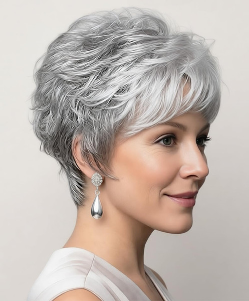 SEVENCOLORS Short Grey Wigs for White Women Pixie Cut Gray Wigs with Bangs Natural Curly Synthetic Hair Short Mixed White Wig for Older Women