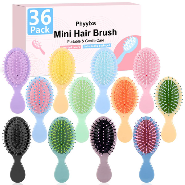 Phyyixs 36 Pack Mini Detangling Hair Brushes – 12 Vibrant Colors, Wet & Dry Travel Hairbrushes for Kids, Teens & Adults, Ideal for Classroom Rewards, Office Gifts, Party Favors & Bulk Giveaways