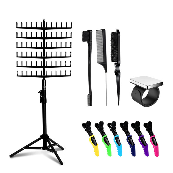 Laflare Standing Braid Hair Organizer – 144 Pegs Hair Extension Holder, Divider & Display Stand for Hair Braiding, Height Adjustable Rack, Easy to Assemble (Black-Combo)