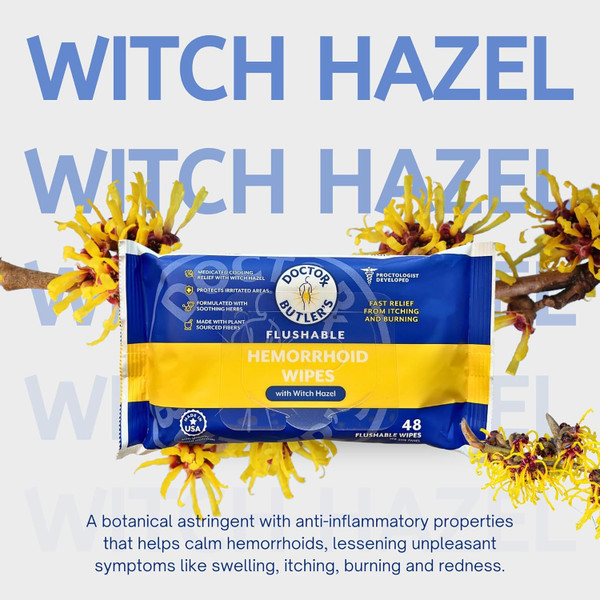 Doctor Butler's Flushable Hemorrhoid Wipes – Flushable Wipes with Witch Hazel to Soothe and Bring Relief from Discomfort Associated with Hemorrhoids (3 Pack - 48 Count)