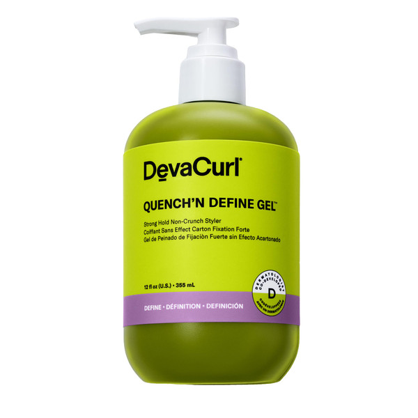DevaCurl Quench'n Define Gel Strong Hold Non-Crunch Styler, 12 Oz | Lasts up to 7 Days | Locks & Moisturizes Curls | Enhances Shine