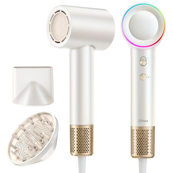 Zibtes High-Speed Hair Dryer with Diffuser, Ionic Blow Dryer (White)