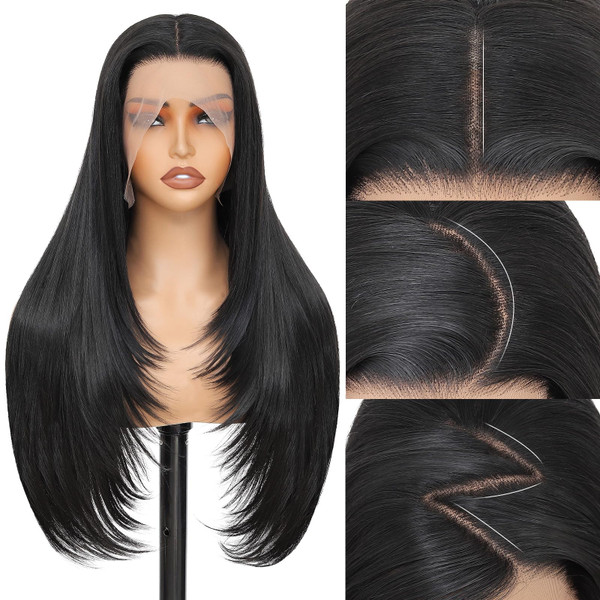 Synthetic Lace Front Wig 13x4 HD Lace Layered Hairstyle Pre Plucked Hairline Straight Long Black Glueless Wigs for Black Women 26 Inch Beginner Friendly