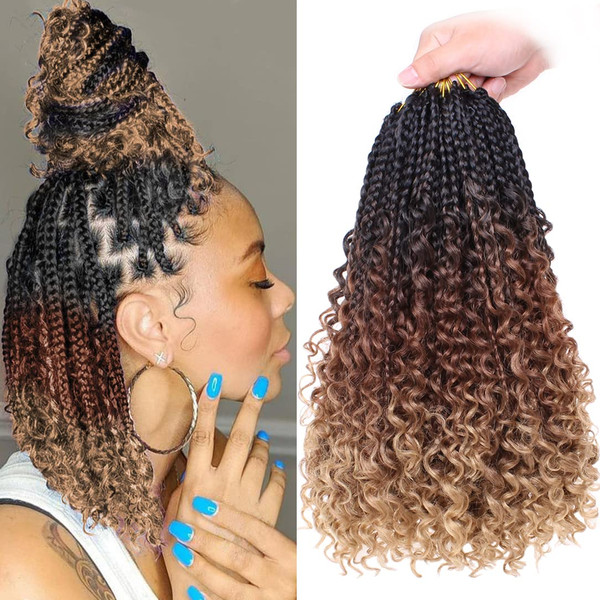 Beverlee 14 Inch Boho Braids - 128 Strands Pre-Looped Synthetic Crochet Hair for Black Women - Bohemian Messy Box Braids with Curly Ends