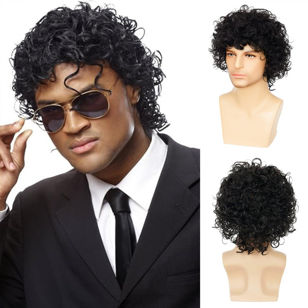 Miradin Mens Short Black Curly Wig Wet Look Costume Wig Rocker Wig for Daily Halloween Costume Cosplay Party Use