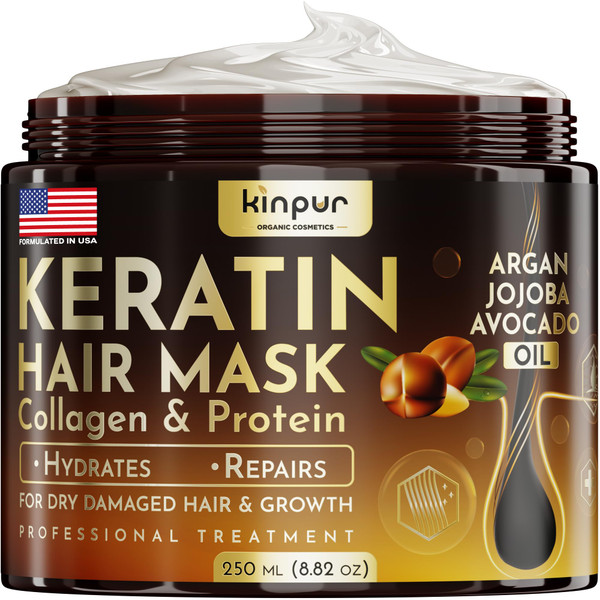 KINPUR ORGANIC COSMETICS Keratin Hair Mask for Dry & Damaged Hair – Deep Conditioning Hair Treatment with Coconut, Jojoba & Avocado Oils, Collagen & Protein – Hydrating Hair Mask, Color-Safe
