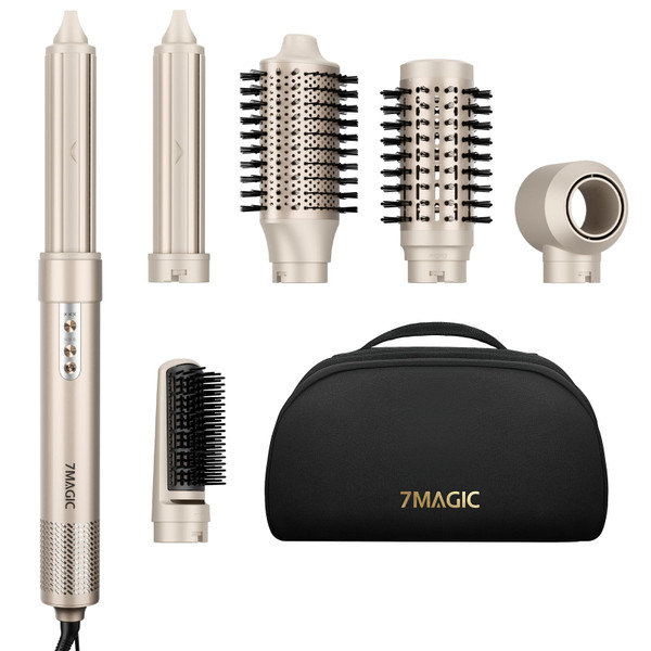 7MAGIC 6-in-1 Hair Dryer Brush, Hot Air Styler with Auto-Wrap Curlers Gold