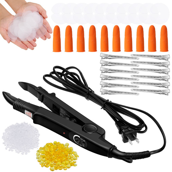 Lothee K Tip Hair Extensions Kit with Heat Iron Finger Protector, Black