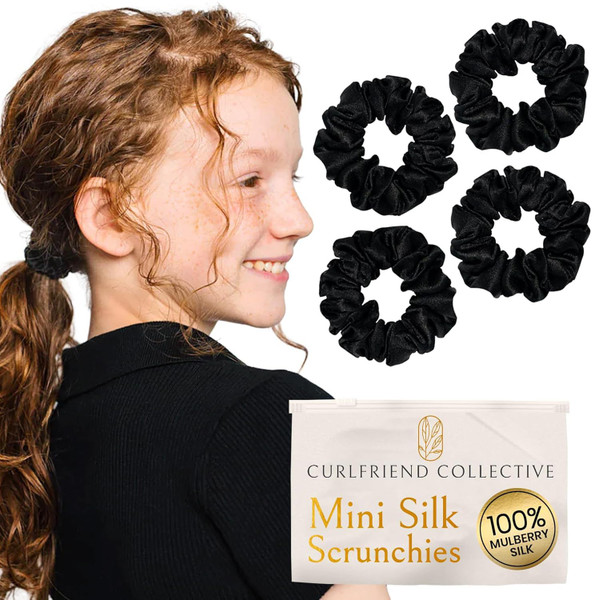 Curlfriend Mini Mulberry Silk Scrunchies for Women, Onyx Black, 4 Pack
