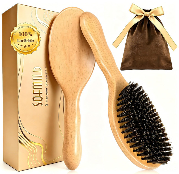 100% Boar Bristle Hair Brush for Thin Fine Hair, Shine & Frizz Control