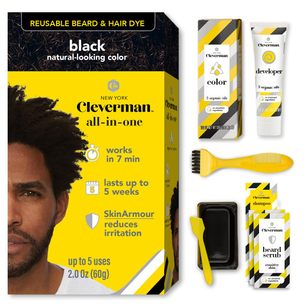 Reusable Hair & Beard Dye for Black Men – Black 1.0 | Up to 5 Uses, 7 Minutes | Natural Gray Coverage, No-Drip Cream with SkinArmour® – Cleverman
