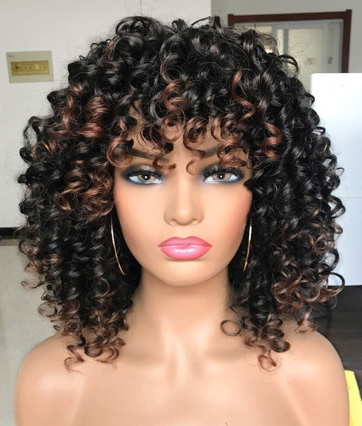 GEMBON Curly Afro Wigs for Black Women Kinky Curly Wig with Bangs Synthetic Fiber Natural Looking Glueless Hair for Daily Wear