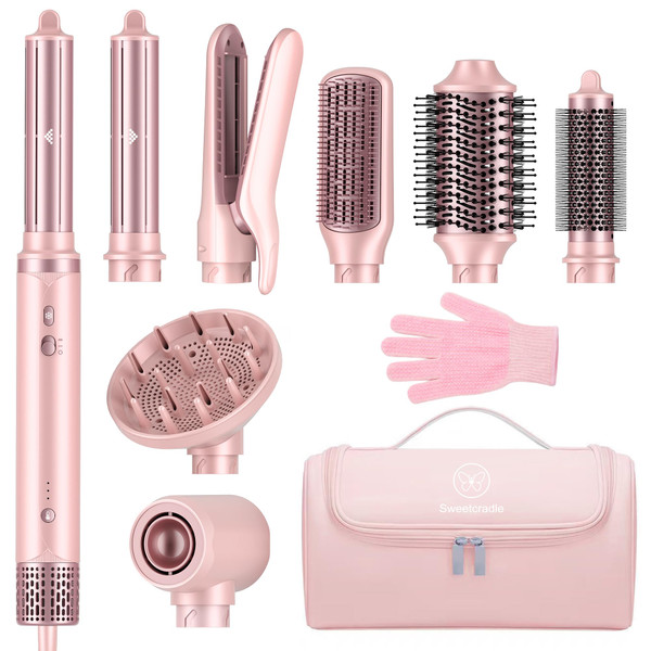 8-in-1 Hair Styler & Hair Dryer Brush Set, Dual Voltage Ionic Blow Dryer with Wrap Curlers & Hair Straightener, Fast Drying Volumizing Curling Straightening, No Heat Damage, Gifts for Women