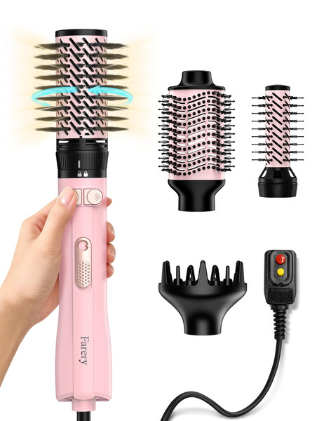 FARERY Hot Air Brush 1000W — 4-in-1 Volumizer & Styler for Damp Hair, Hold-to-Rotate Round Brush Hair Dryer Brush for Volume, Smooth & Curl, Diffuser Included, Best for Fine to Medium-Thick Hair