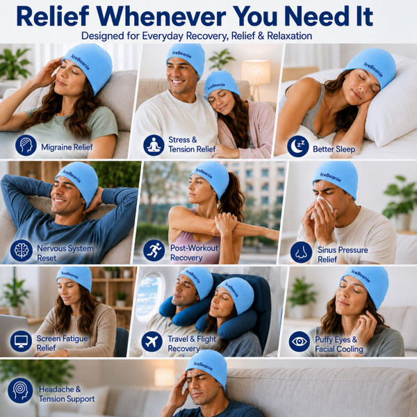 IceBeanie Migraine Relief Cap, As Seen on Shark Tank, Soft & Stretchy Gel Tension Headache Relief Cap, Extended Cooling Hangover Ice Hat, Odorless Head Wrap Ice Pack Wrap, Headache Migraine Mask