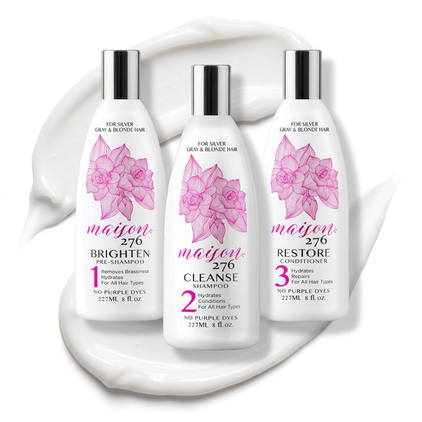 Maison 276 Pre-Shampoo, Shampoo and Conditioner for Silver, Gray & Blonde Hair, 3-Step System, Tone-Brightening & Enhancement, No Purple Dyes, Neutralizes Brassiness, Sulfate-Free, 3 x 8 oz Btls