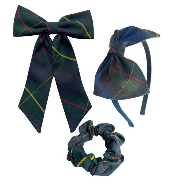 ClassExceed Green Plaid Hair Bow Set for Girls Back to School Hair Accessories with Bow Headband and Scrunchie – Green Navy Yellow Red Plaid 55