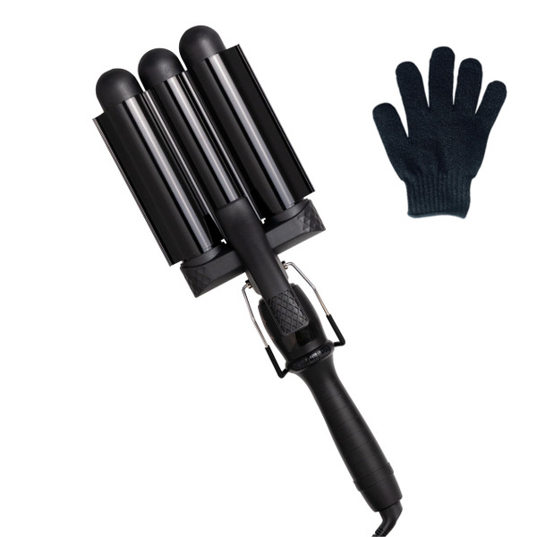 Mermade PRO Hair Waver 1.25" - 3 Barrel Curling Iron 1 1/4 Inch, Ceramic Barrel Waver Tool for Thick, Thin, Long, or Short Hair - 1.25", Black with Glove