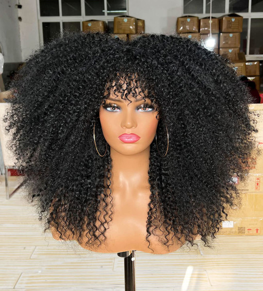 Sweece Long Curly Afro Wig With Bangs for Black Women Kinky Curly Hair Wig 17 inch (17 inch, Black)