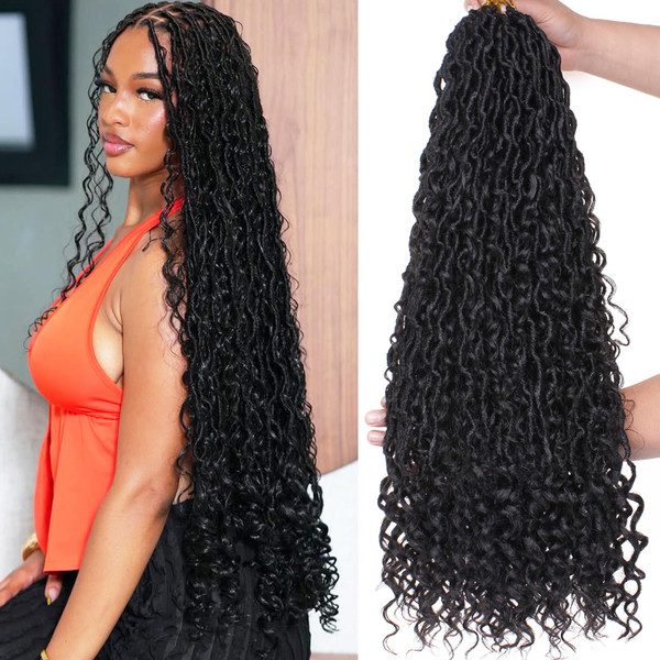 COOKOO 24 Inch Goddess Locs Crochet Hair Boho Faux Locs,8 Packs,1B#